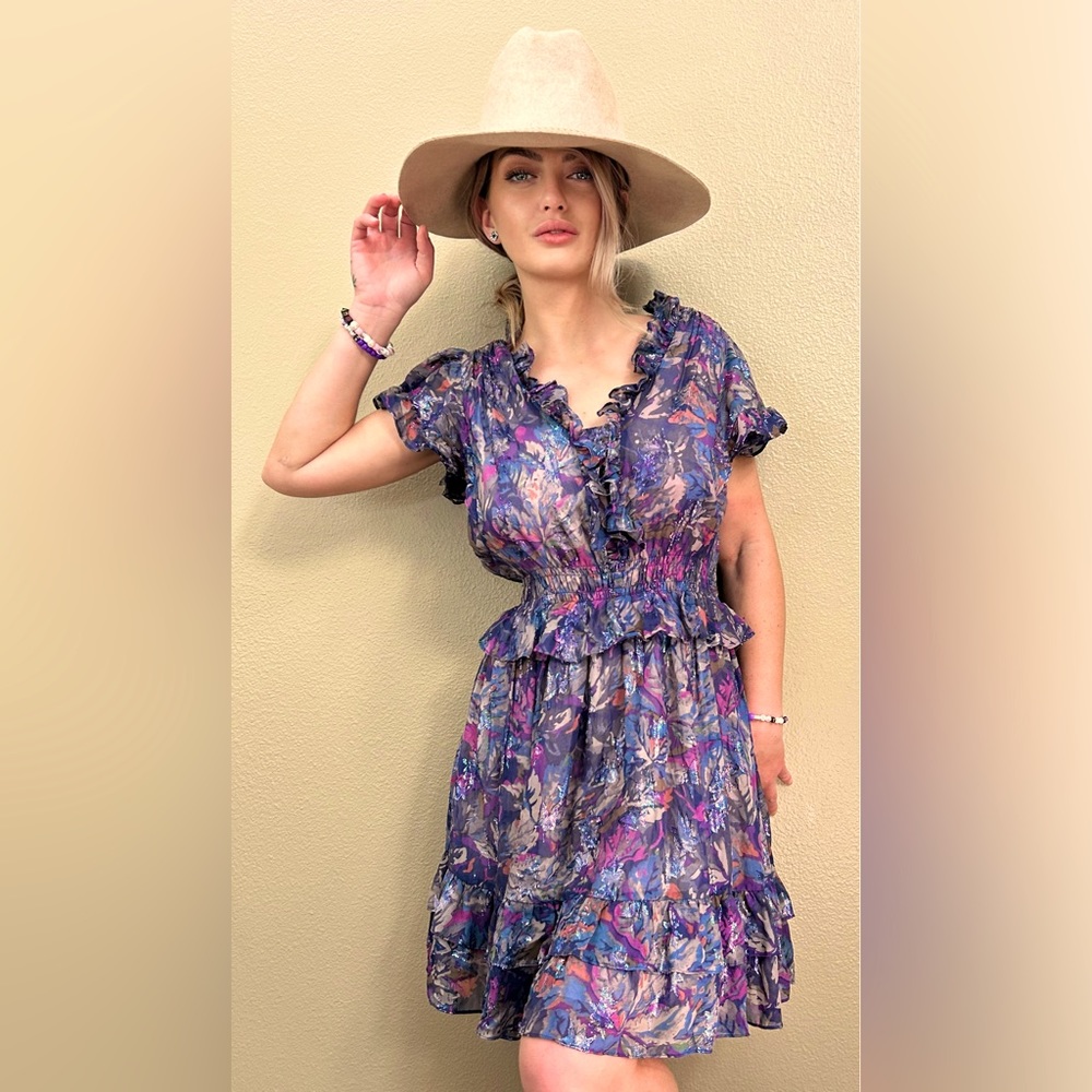 Iridescent purple floral print silk dress